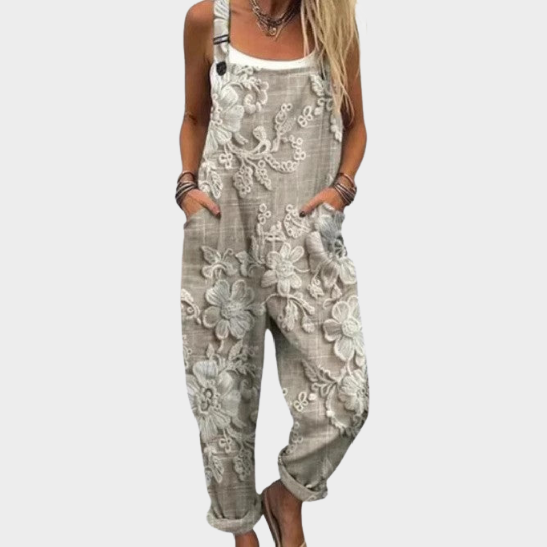 Antonia Rothenburg | Florale Latzhose Beige-Grau