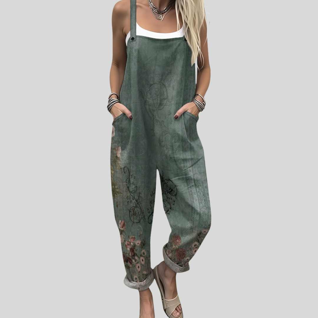 Johanna Stralsund | Latzhose Olivgrün mit Blumenbordüre