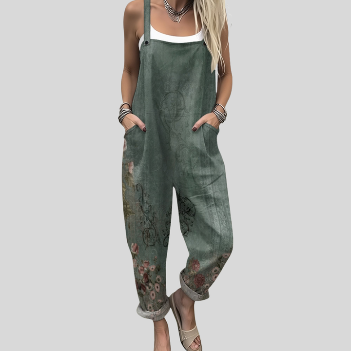 Johanna Stralsund | Latzhose Olivgrün mit Blumenbordüre