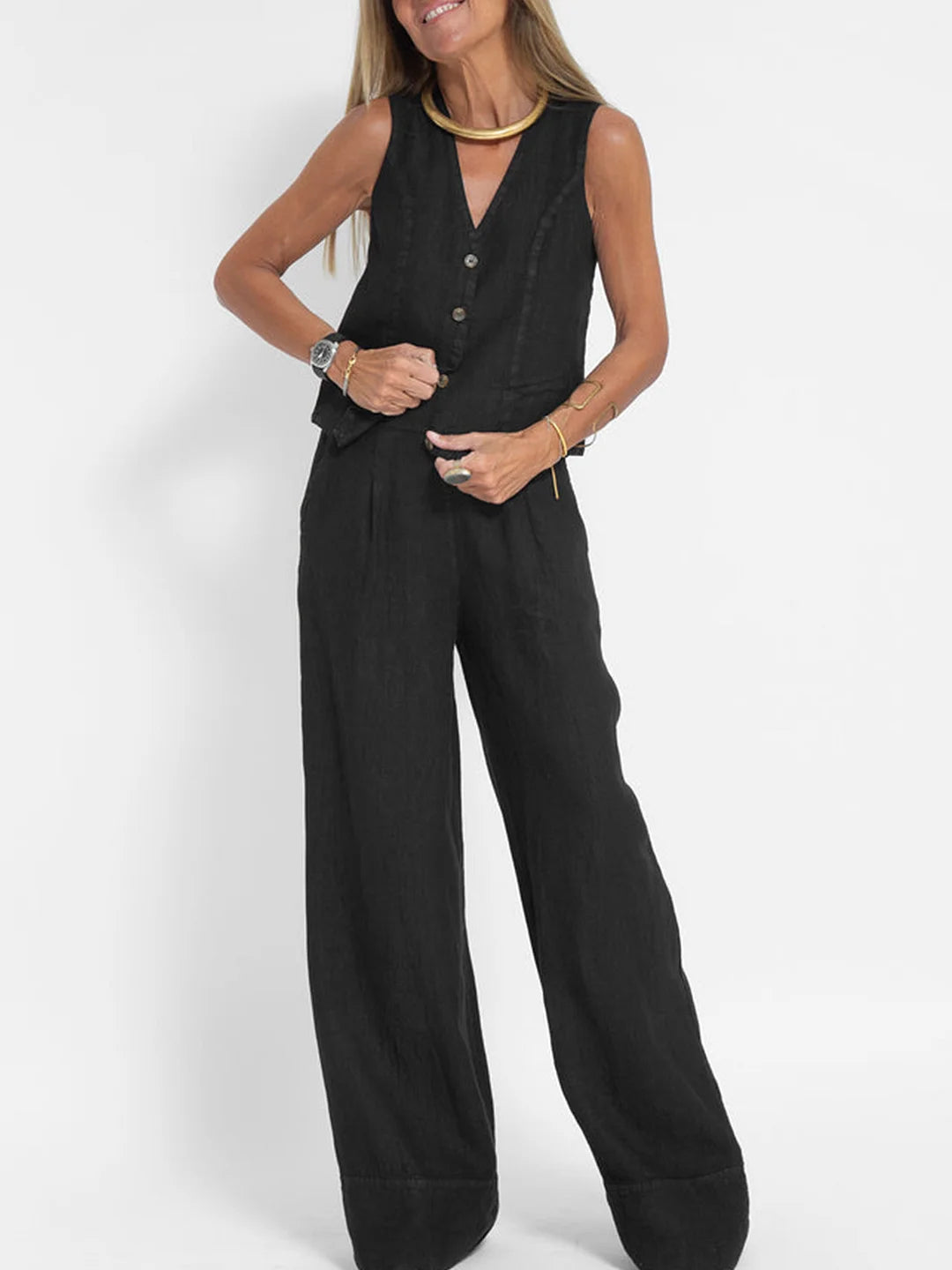 Charlotte Worms | Ensemble Gilet mit Knöpfen & Weite Hose