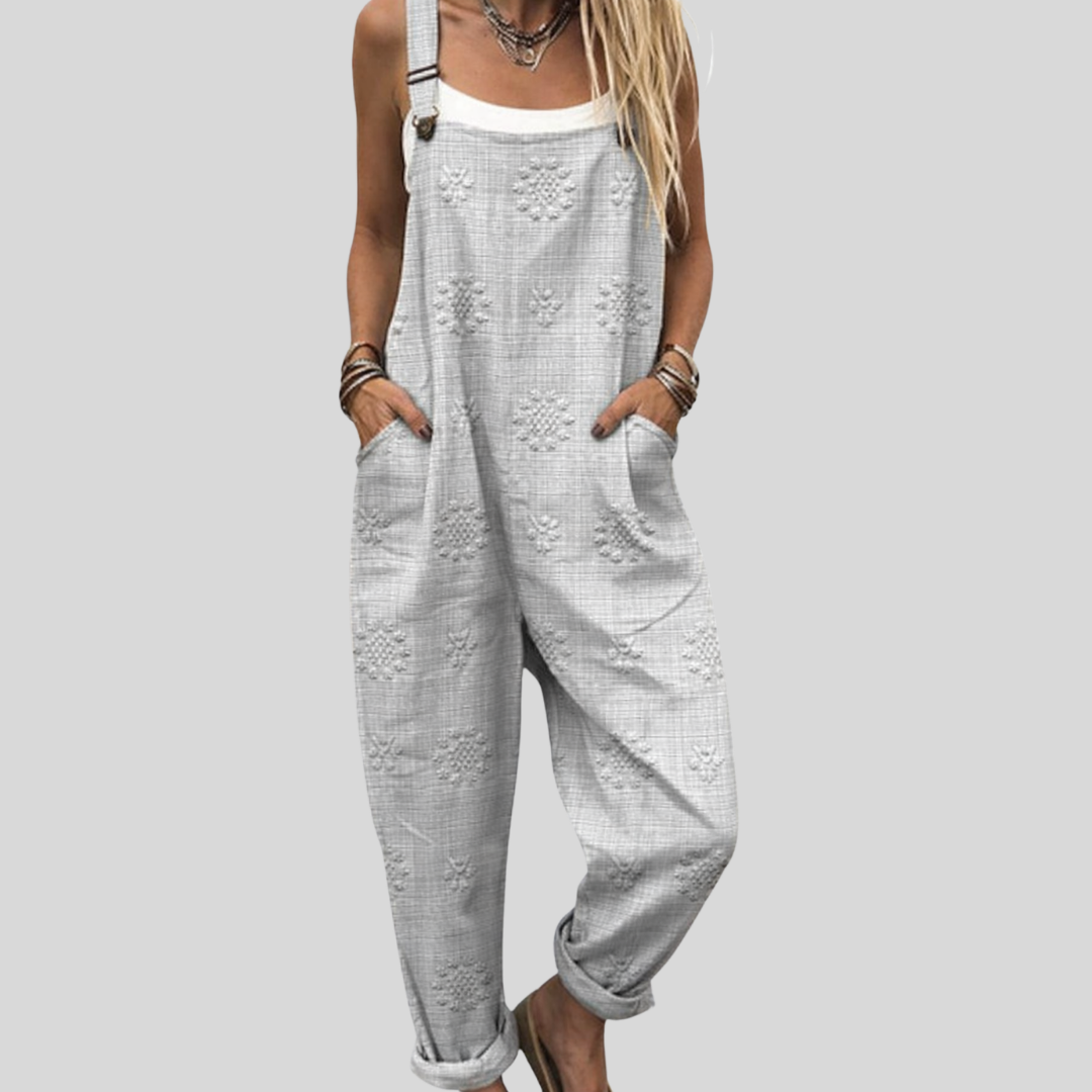 Mia Meissen | Graue Latzhose mit Blütenmuster