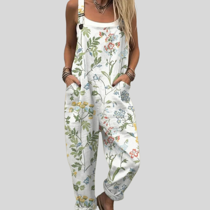 Katharina Aachen | Weiße Latzhose mit Wildblumen