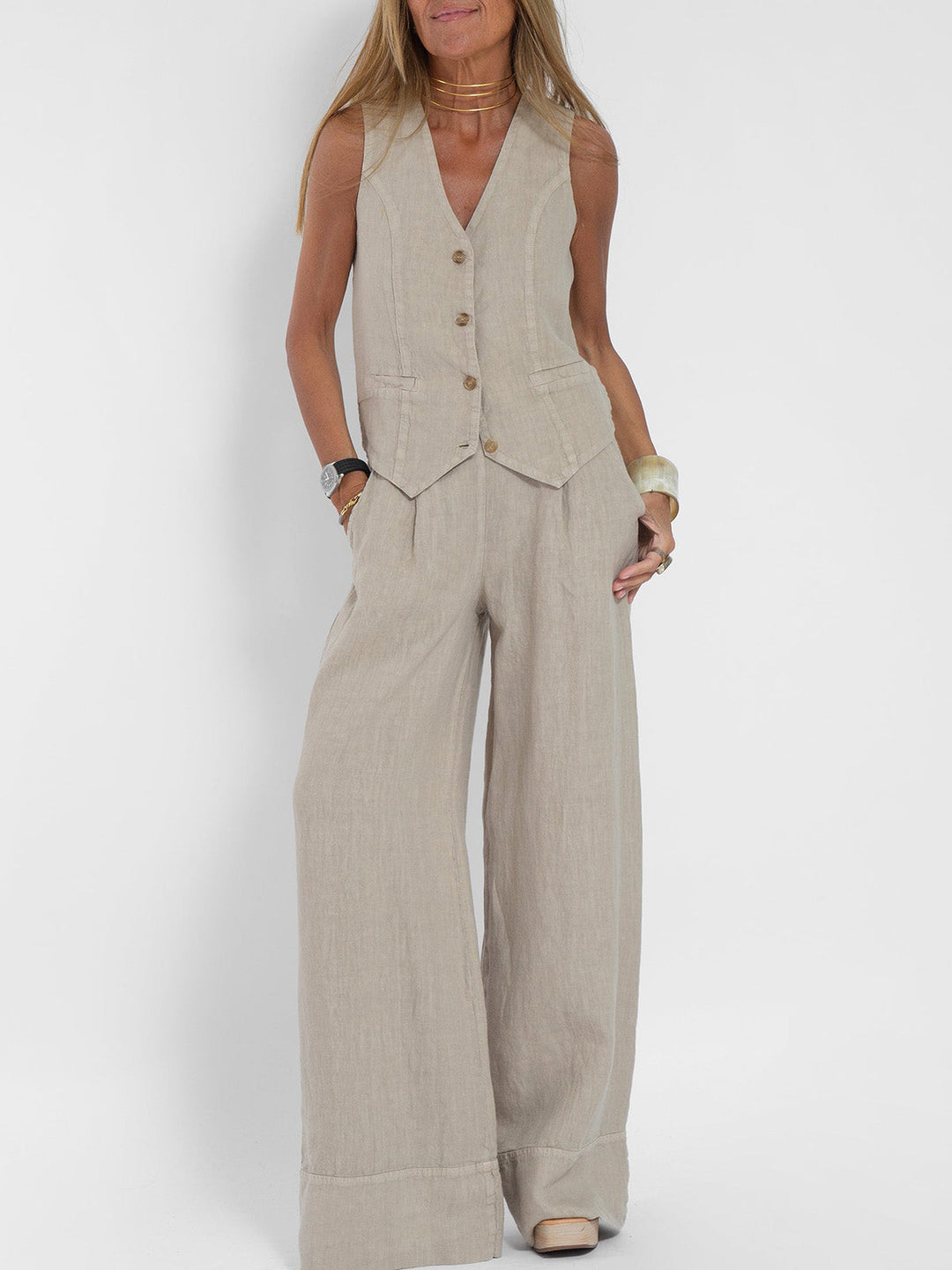 Charlotte Worms | Ensemble Gilet mit Knöpfen & Weite Hose