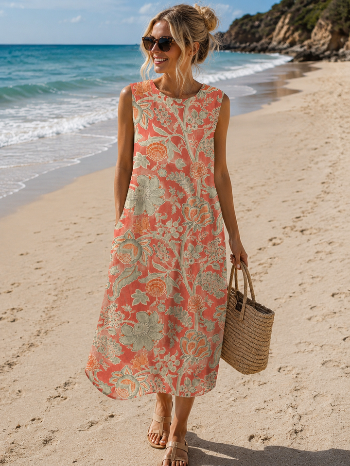 Marlene | Ärmelloses Blumenkleid in Koralle mit Taschen