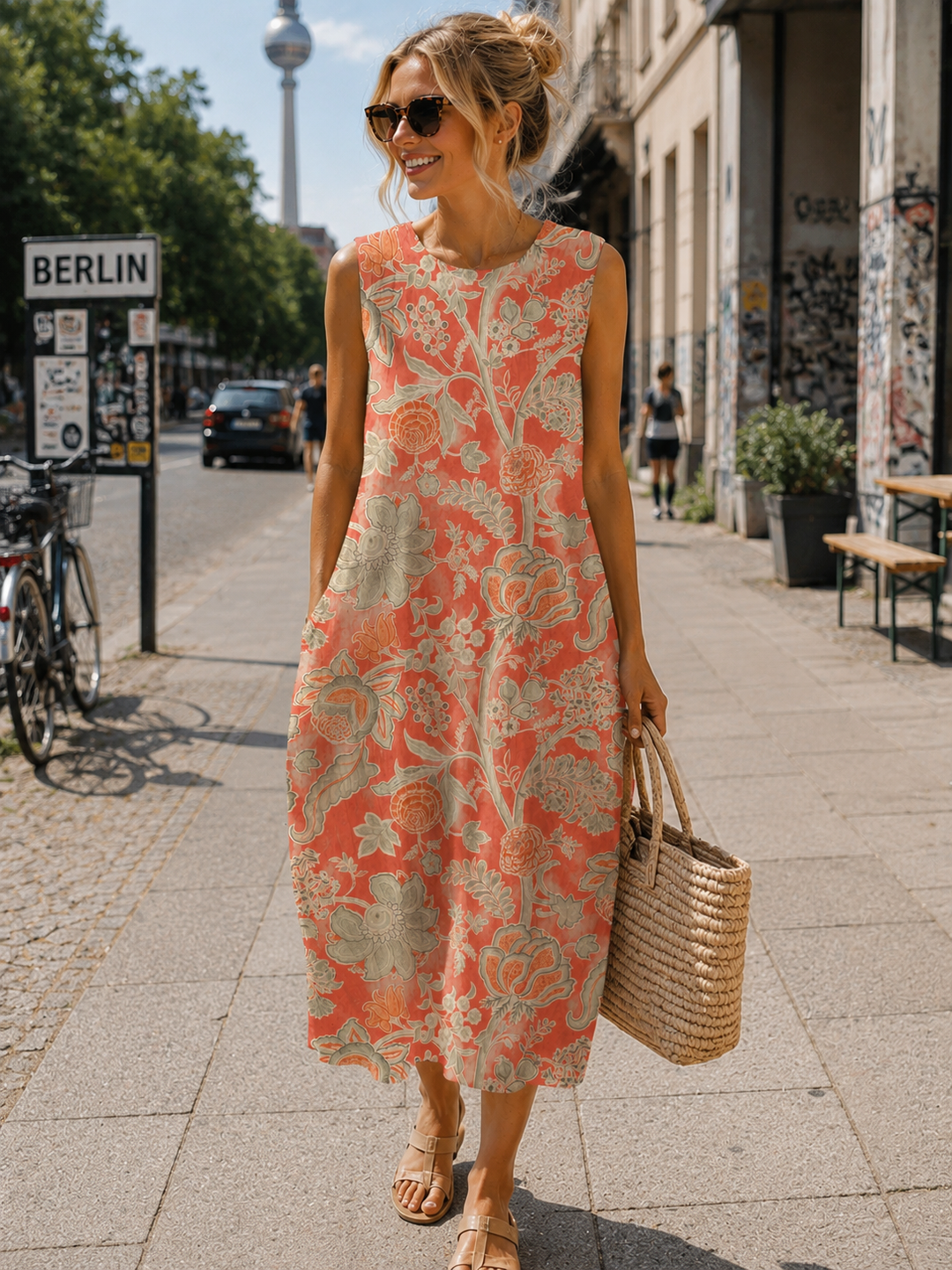 Marlene | Ärmelloses Blumenkleid in Koralle mit Taschen