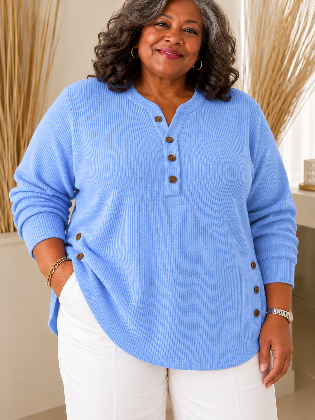 Button Henley Tunic for Women