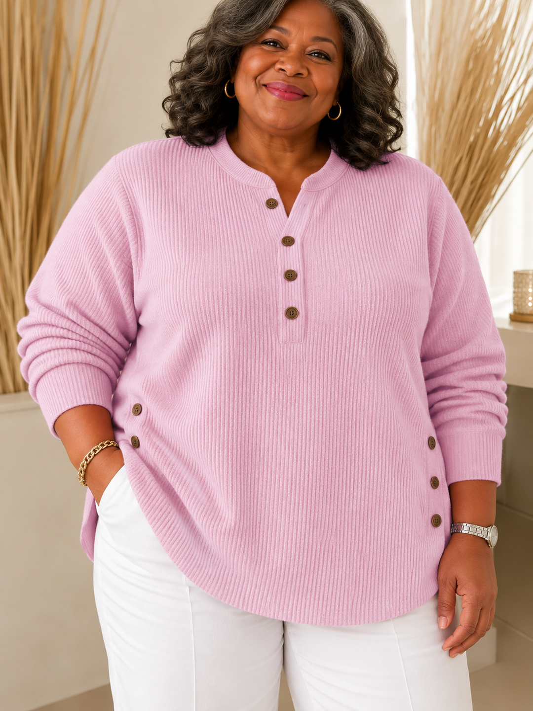 Button Henley Tunic for Women