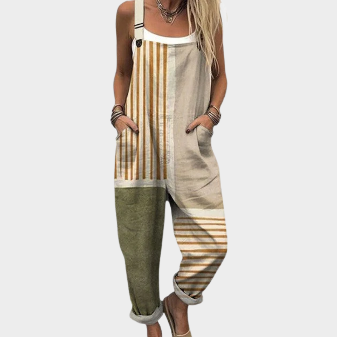 Selma Ansbach | Gestreifte Latzhose Beige Oliv
