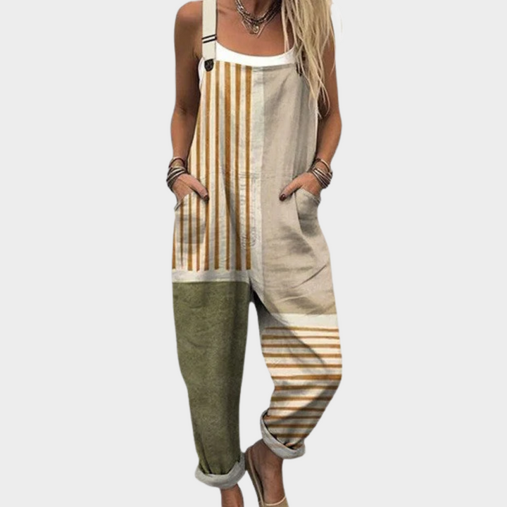 Selma Ansbach | Gestreifte Latzhose Beige Oliv