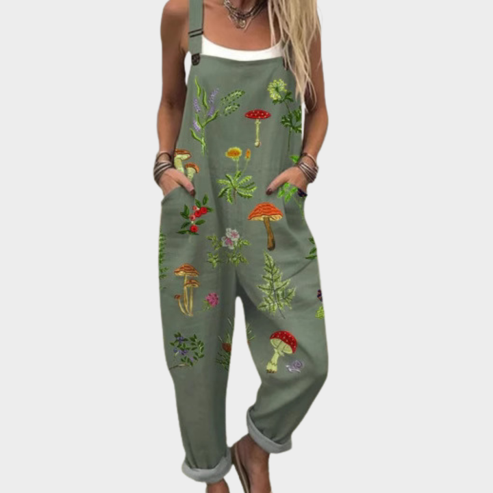 Elise Schwerin | Latzhose mit Pilz-Motiv Olivgrün