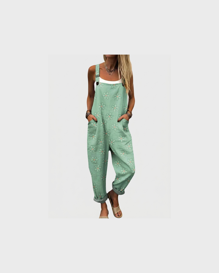 Amalia Bautzen | Latzhose mit Weißen Blüten Salbeigrün