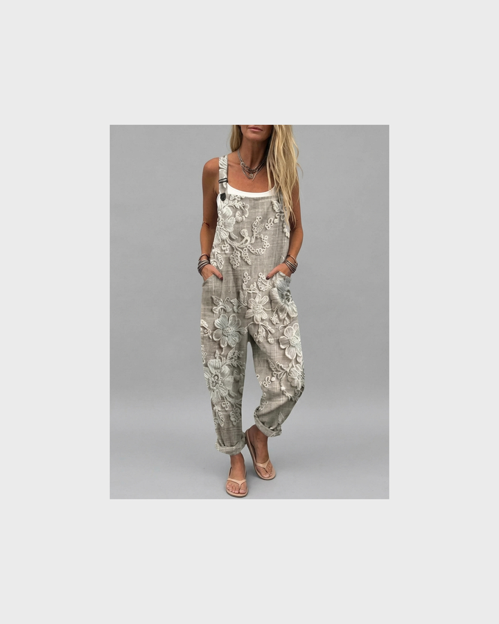 Antonia Rothenburg | Florale Latzhose Beige-Grau