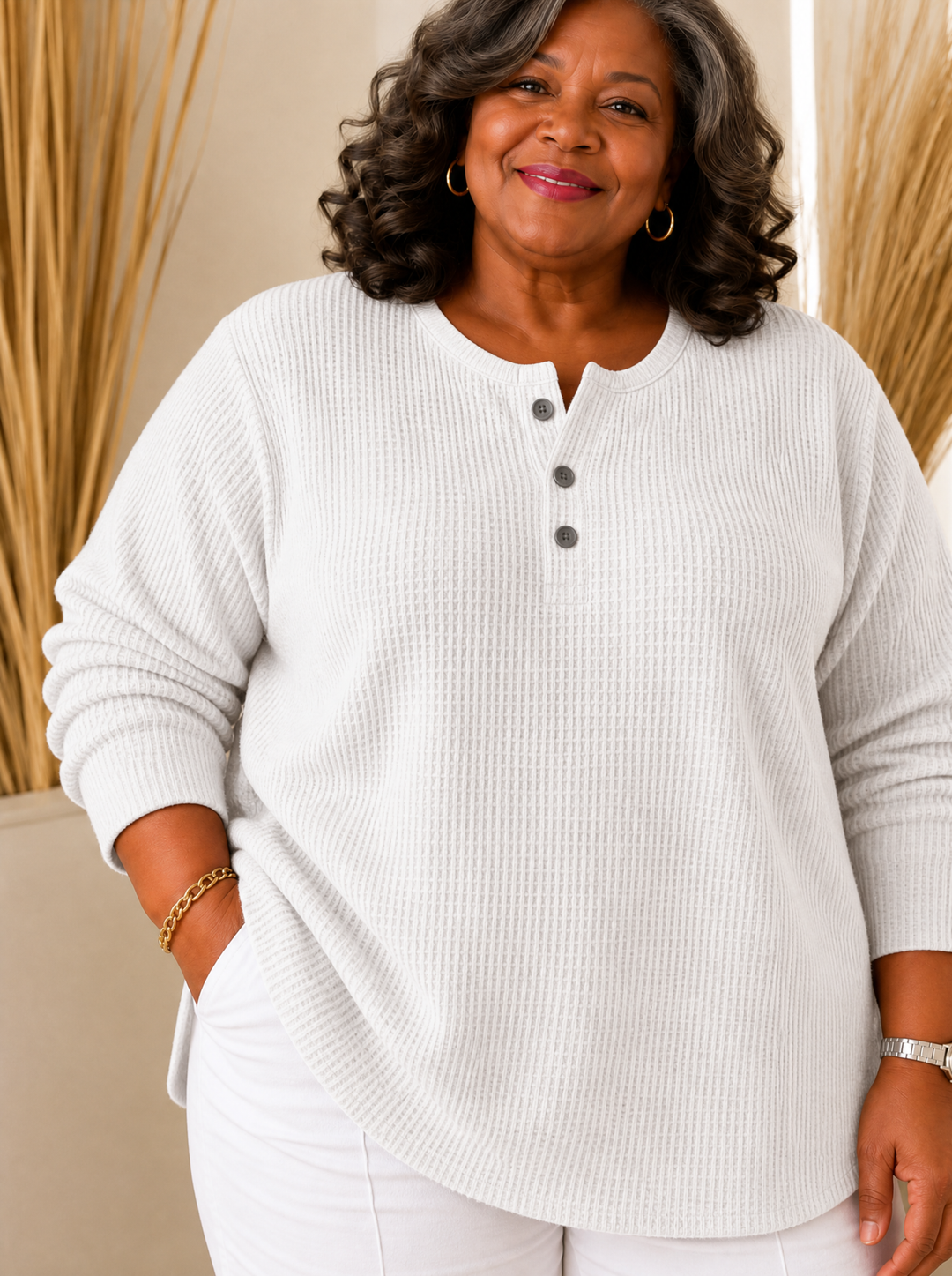 Cosy Waffle Henley Sweatshirt for Women