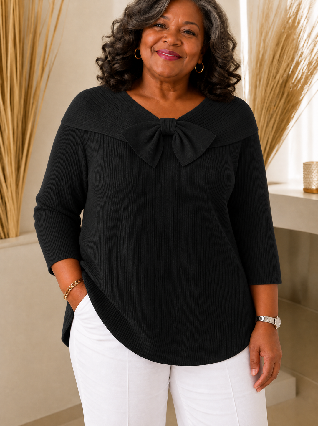 Jumper with Bow and Round Neckline for Women