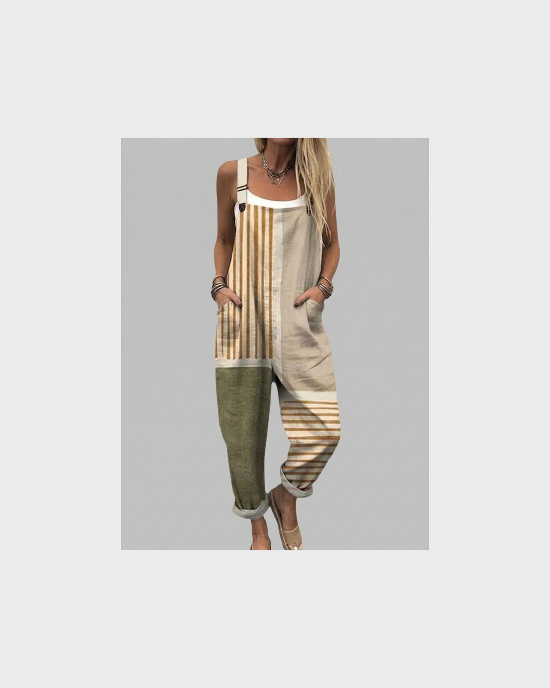 Selma Ansbach | Gestreifte Latzhose Beige Oliv